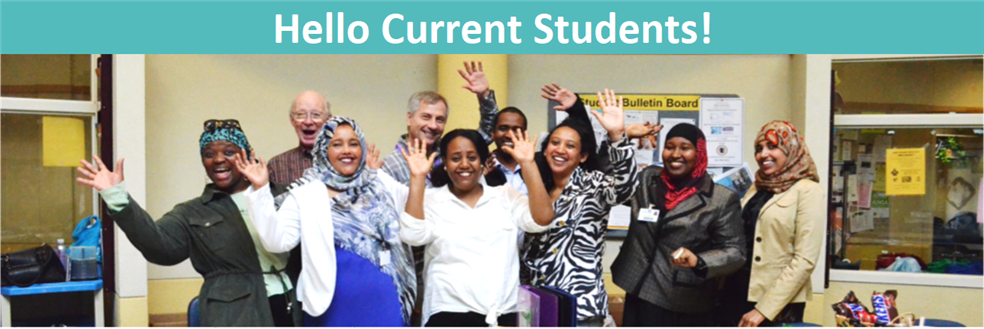 Text: Hello Current Students! image: students waving and smiling in Hubbs Center student lounge